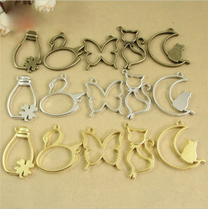 Bezels Pendant Resin - 5 adet Kedi ay şekli Metal